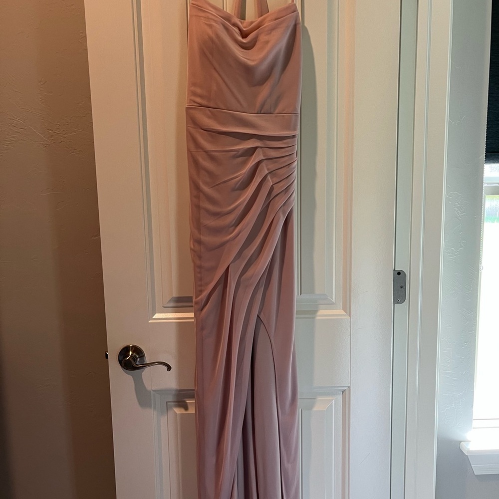 Azazie Pink Ruched Cowl Neck Gown